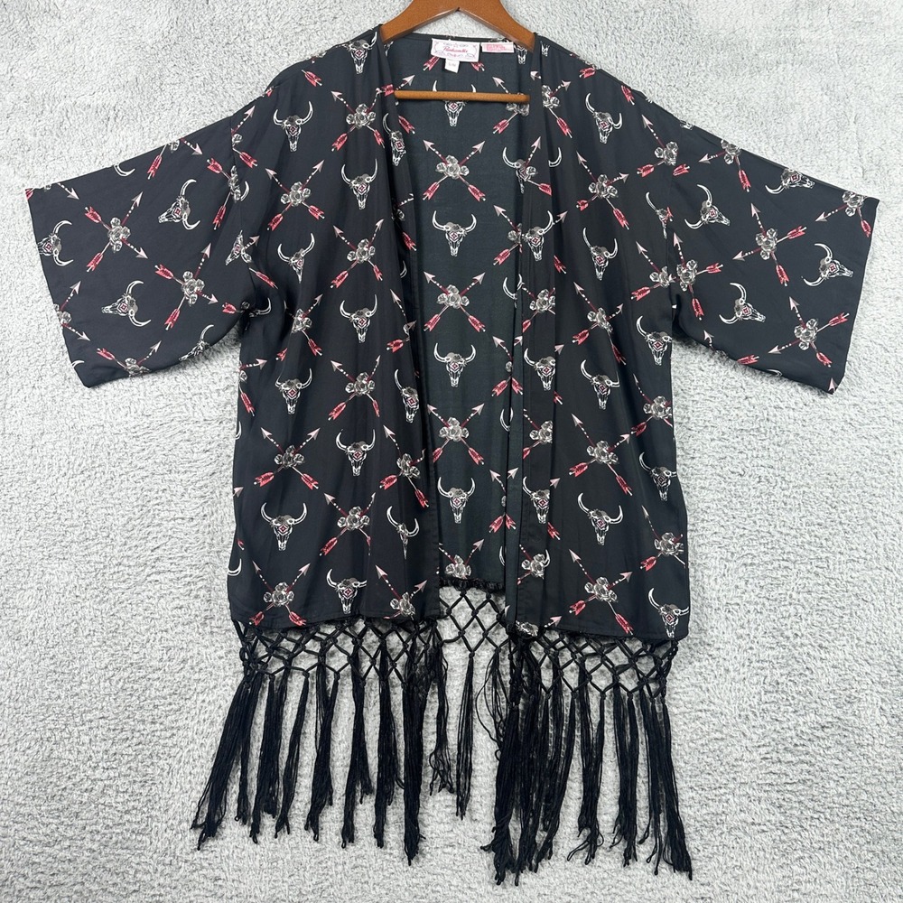 Panhandle Western Kimono Wrap Womens S/M Black Steer Skull Arrow Fringe Boho
